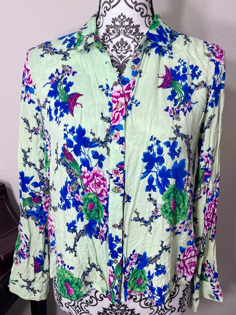 ModCloth Style London Chinoiserie Floral Button Blouse Mint Green